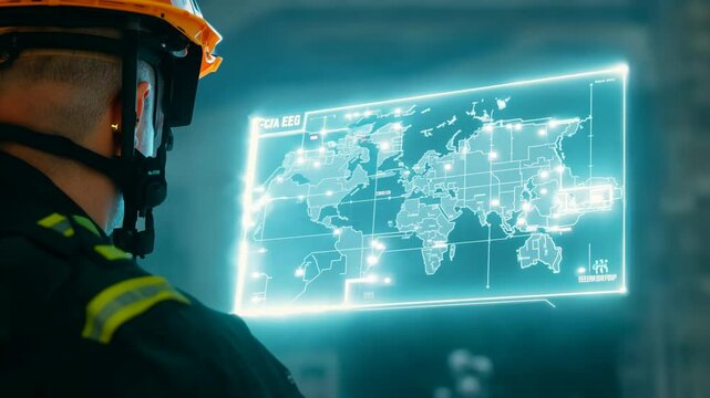 A firefighter uses a holographic map to strategize during an emergency response, showcasing innovative technology in action