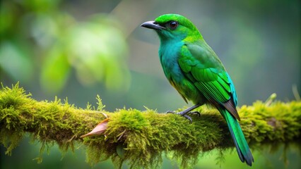 Fototapeta premium Emerald green bird with iridescent feathers perched on a moss-covered branch , bird, emerald, green, iridescent, feathers