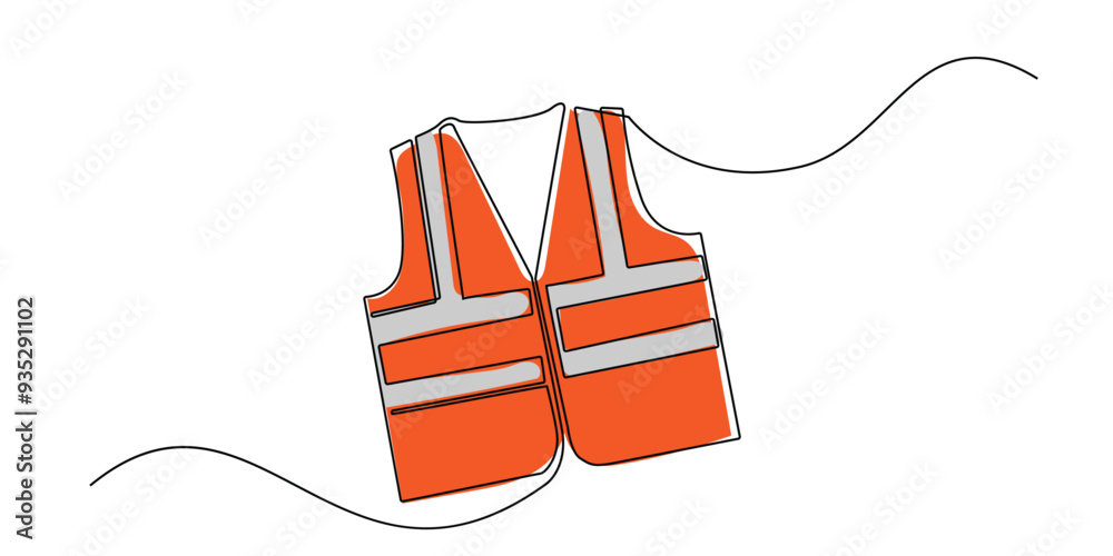 Wall mural sine art drawing of safety vest.one line drawing of safety vest vector with orange and gray colors.line vector illustration.isolated white background