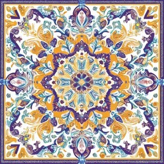 Ornate Floral Mandala in Vibrant Blue, Gold, and Purple