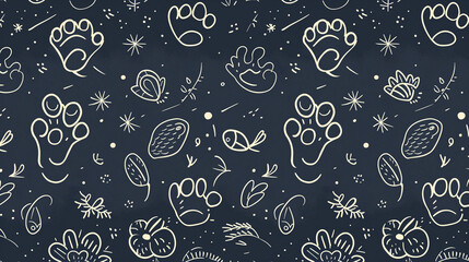 Naklejka premium Seamless pattern of black and white animals and nature elements on a dark background..