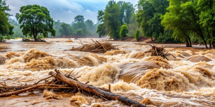 Destructive flash flood carrying trees and debris away in its powerful rush through nature, flash flood, water, rush