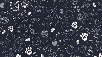 Naklejka premium Seamless pattern of black and white animals and nature elements on a dark background..