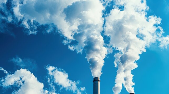 Industrial Smoke Against Clear Blue Sky Emphasizing Environmental Pollution