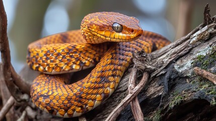 Naklejka premium An orange female common adder (Vipera berus) basks among old twigs, her distinctive markings and vibrant coloration standing out against the natural backdrop.