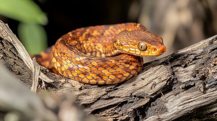 Fototapeta premium An orange female common adder (Vipera berus) basks among old twigs, her distinctive markings and vibrant coloration standing out against the natural backdrop.