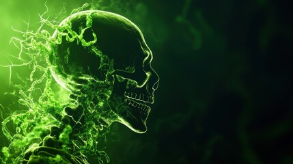 Green Glowing Skull with Neon Swirls in a Dark Mysterious Atmosphere