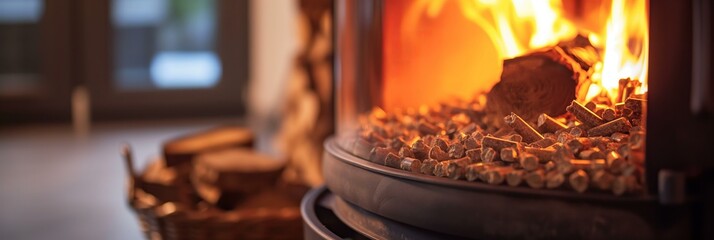 wood pellets by stove, Alternative fuel for heating homes and businesses. Sustainable and renewable energy source for environmentally friendly heating solutions.