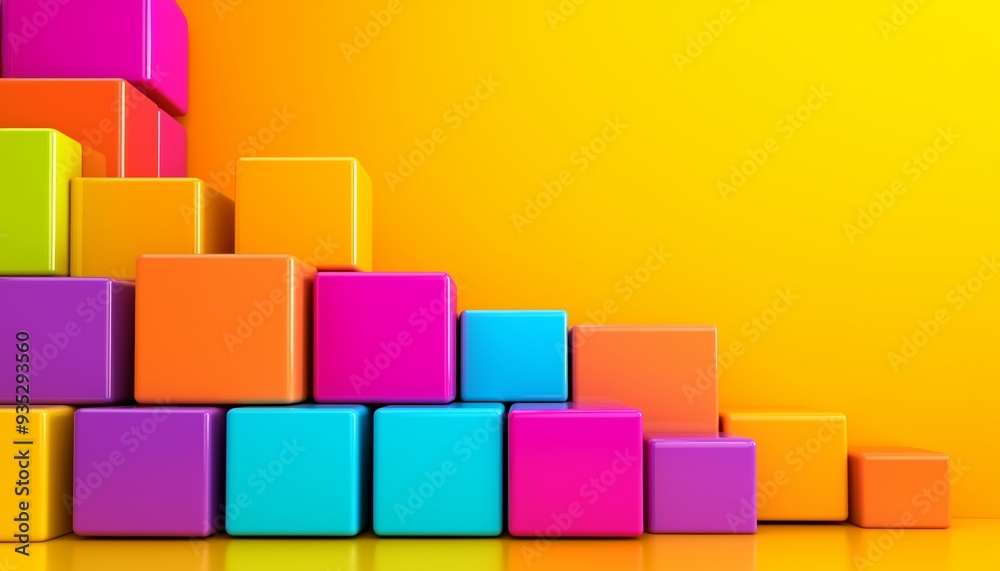 Poster a colorful stack of blocks with a yellow background. the blocks are arranged in a way that creates a