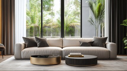 Fototapeta premium The stylish living room features a plush, soft sofa that invites relaxation, paired with a sleek coffee table at its center.