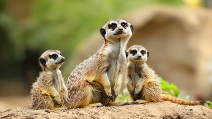 Fototapeta premium A family of suricates, also known as meerkats (Suricata suricatta), huddle together on a sunlit patch of earth.