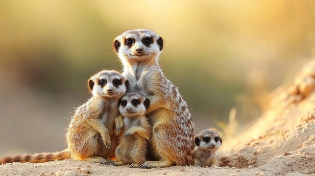 A family of suricates, also known as meerkats (Suricata suricatta), huddle together on a sunlit patch of earth.