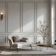 Aesthetic elegant classic interior design. Clear mock up empty wall for decoration in the apartment. Copy space in the room with moldings. Neutral palette of natural colors