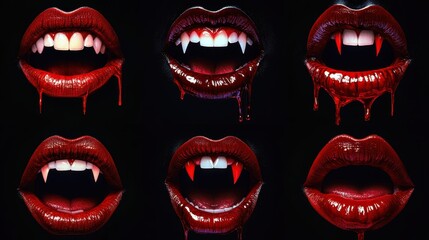 Set of Sexy Vampire mouths and teeth vector set of Halloween horror holiday monsters,female lips with fangs,halloween witches or beast creatures,Vampire bloody lips set,banner elements.