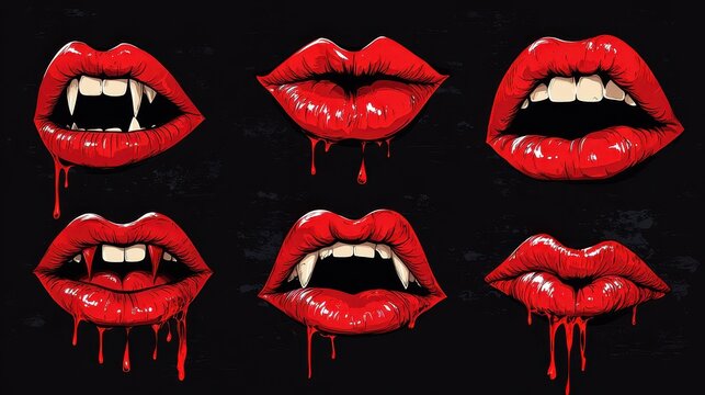 Set of Sexy Vampire mouths and teeth vector set of Halloween horror holiday monsters,female lips with fangs,halloween witches or beast creatures,Vampire bloody lips set,banner elements.