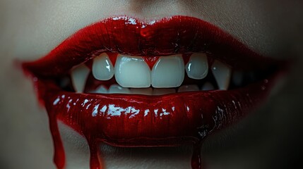 Sexy Vampire Woman lips with blood,Dripping blood on mouth, witches or beast creatures,female lips with fangs,horror holiday monsters,Vampire makeup Fashion Art design,Halloween banner background.