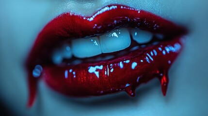 Sexy Vampire Woman lips with blood,Dripping blood on mouth, witches or beast creatures,female lips with fangs,horror holiday monsters,Vampire makeup Fashion Art design,Halloween banner background.