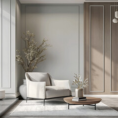 Aesthetic elegant classic interior design. Clear mock up empty wall for decoration in the apartment. Copy space in the room with moldings. Neutral palette of natural colors