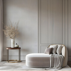 Aesthetic elegant classic interior design. Clear mock up empty wall for decoration in the apartment. Copy space in the room with moldings. Neutral palette of natural colors