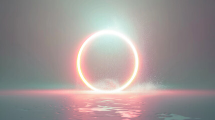 Futuristic glowing ring with light particles in a minimalist, ethereal setting