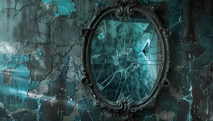 Gothic mirror, cracked glass, dark reflection