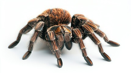Detailed view of a Goliath tarantula with its massive, hairy form and strong legs, isolated on a white backdrop.