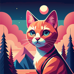 Vector illustration of a cat sitting in a synthwave-inspired landscape featuring mountains and a colorful sky