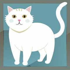 Simple blue and grey background with cartoon illustration of a white cat standing and raising its tail