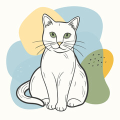Minimalist line art of a serene white cat against an abstract backdrop, ideal for animal enthusiasts