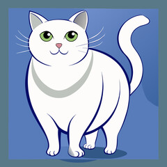 White cat cartoon illustration standing with tail up against blue background