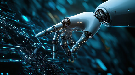 Artificial intelligence robot hand pointing to a digital technology background with a circuit board