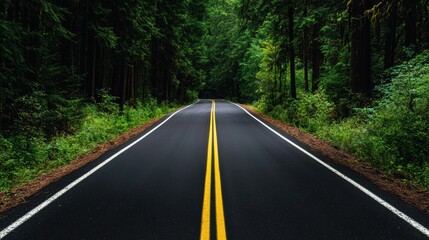 Fototapeta premium Serene Forest Road with Tall Green Trees Captured in Daytime