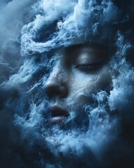 Drowning Silence surreal image of figure submerged dark endless ocean surrounded wave of abstract swirling pattern water thick oppressive mix of deep blue black representing suffocating silence
