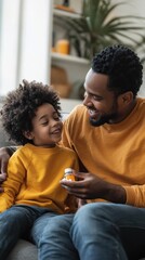 Obraz premium A father lovingly administers medicine to his cheerful child as they relax together in their warm and inviting living room