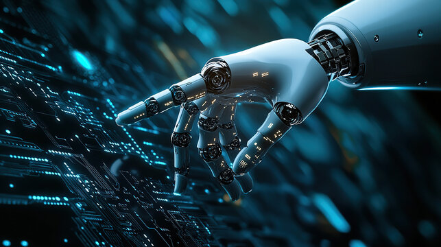 Artificial intelligence robot hand pointing to a digital technology background with a circuit board