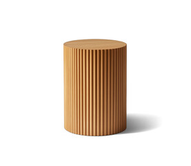 A cylindrical wooden side table with fluted lines on the outside, against a white background
