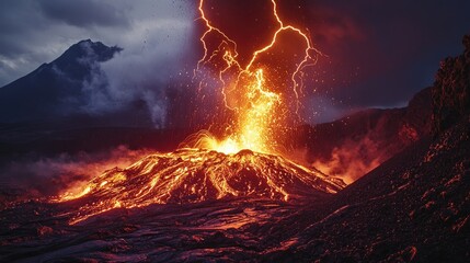 Flashes of lightning from an erupting volcano's crater, capturing the intensity and danger of the volcanic explosion.