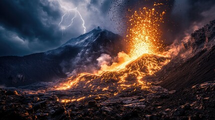 Flashes of lightning from an erupting volcano's crater, capturing the intensity and danger of the volcanic explosion.
