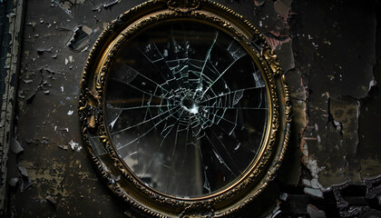 Obraz premium Gothic mirror, cracked glass, dark reflection