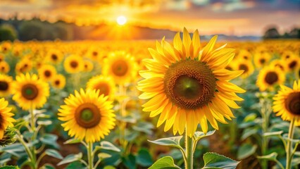 Fototapeta premium Beautiful sunflowers in a vibrant field of golden blooms, nature, flowers, yellow, garden, agriculture, petals, sunny, bright, summer