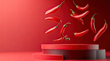 Obraz premium Flying chilies above a product advertising podium, with a minimalist backdrop, highlighting the vibrant red and the spicy theme.
