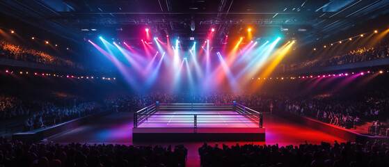A stadium full of people watching a boxing or wrestling match. The lights are bright and colourful.