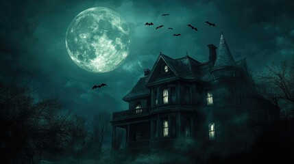 Full moon illuminating the night sky with a flock of bats flying above, haunted house in the background with glowing windows, eerie atmosphere.