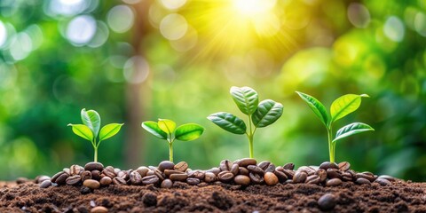 Coffee bean seedlings growing in nature with a beautiful green background, growth, trees