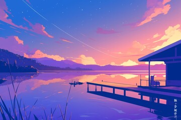 Twilight colors fading into night over a quiet lake. Cozy vibe, Generative AI
