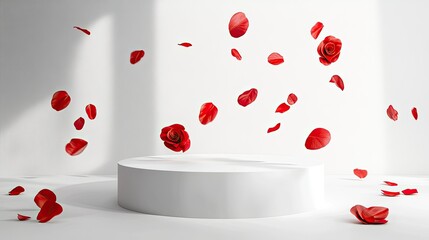 Product podium with red rose leaves in motion, set against a white backdrop for a sophisticated look.