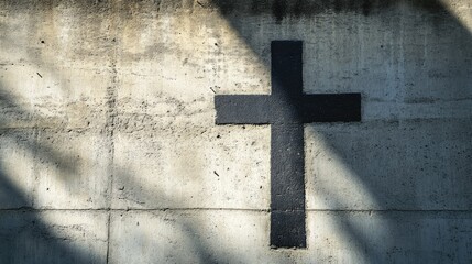 Shadow of a cross cast on a cement wall, creating a powerful and symbolic image of faith and reflection.