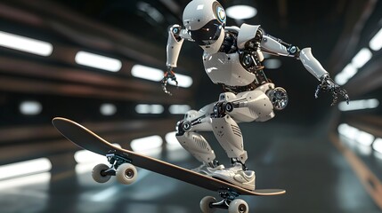 Fototapeta premium Robot Skater Performing Trick: A robotic skater performing an intricate trick on a sleek, modern skateboard. 