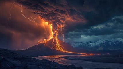 Volcanic lightning illuminating the dark sky above an erupting volcano, creating a stunning and fearsome natural display.