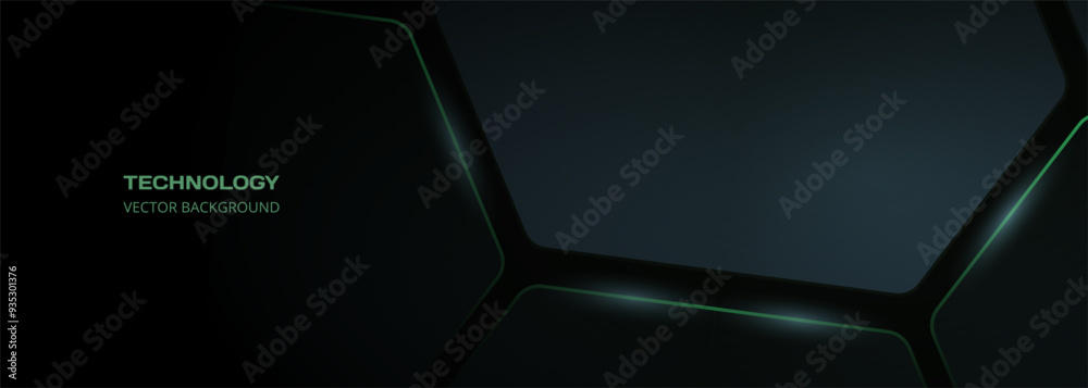 Aufkleber Black 3D vector hexagonal technology abstract background with green flashes. Abstract modern technology futuristic wide banner background with black 3D honeycomb shapes. Vector illustration